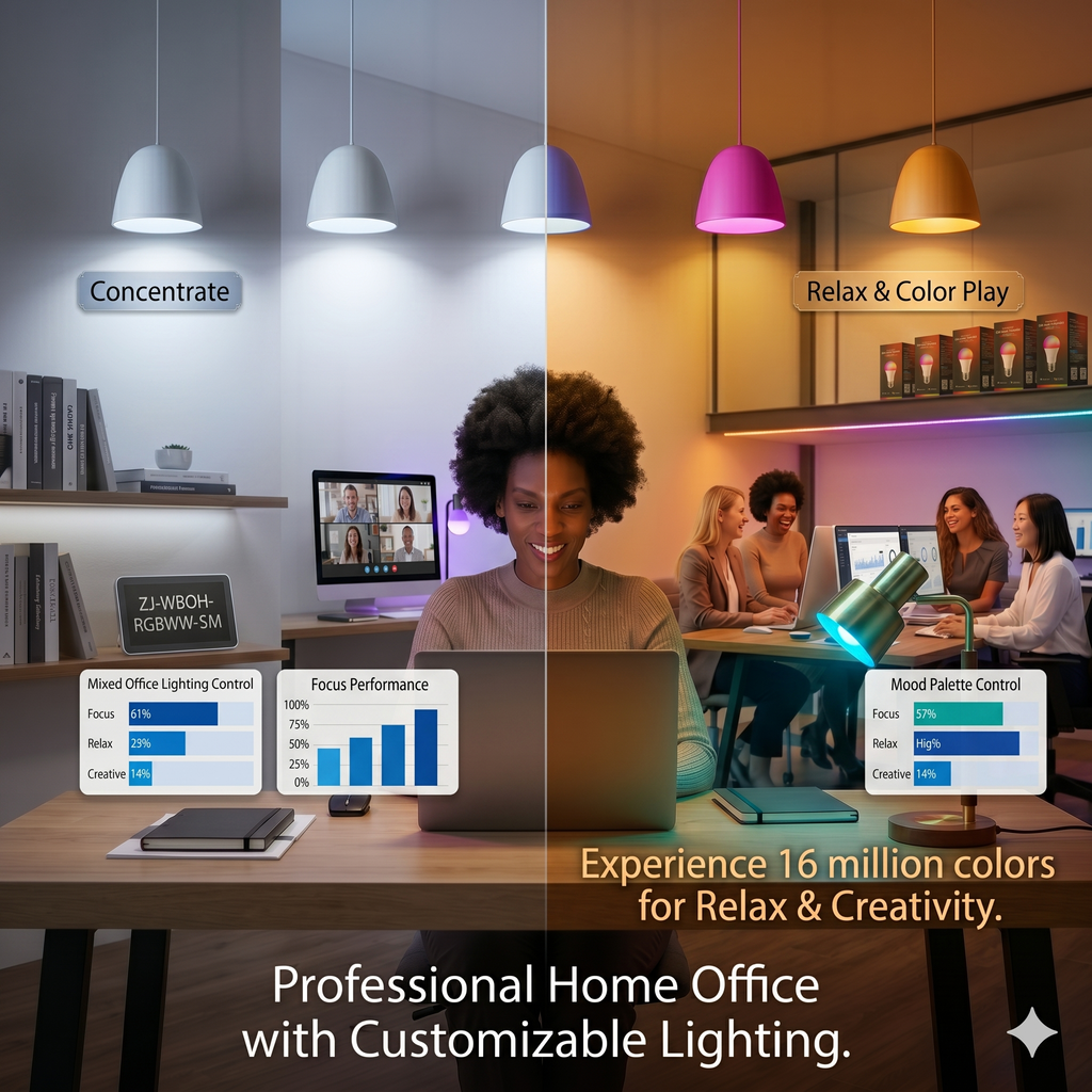 Two office scenes with different lighting conditions and a woman using a laptop.