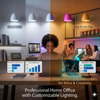 Two office scenes with different lighting conditions and a woman using a laptop.