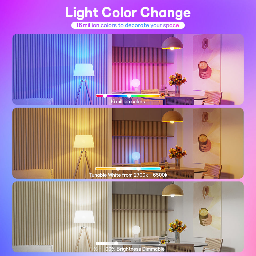 Smart WiFi LED Bulb E26 - RGB+CCT Tunable 15W, 1200LM, Alexa & Google Home Compatible for North America