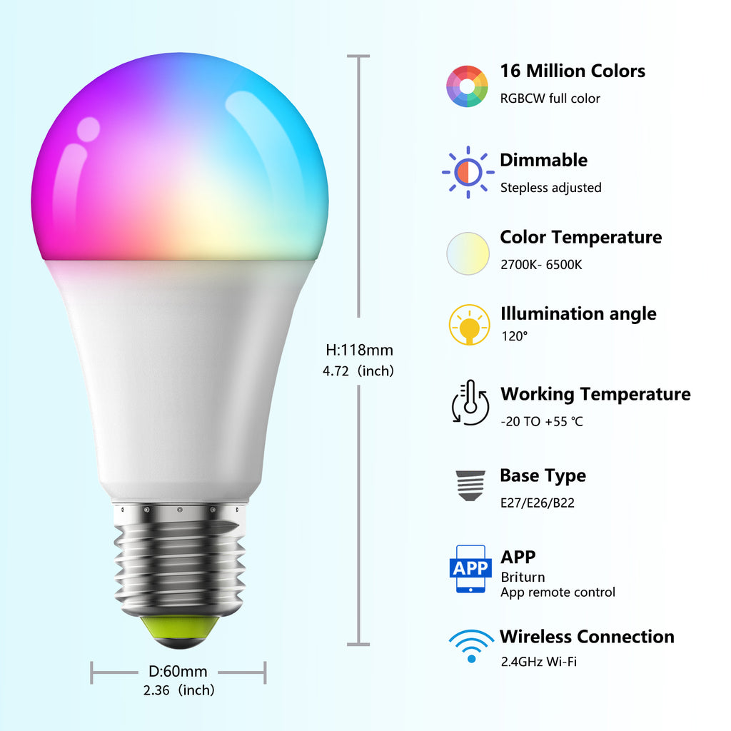 Smart WiFi LED Bulb E26 - RGB+CCT Tunable 15W, 1200LM, Alexa & Google Home Compatible for North America
