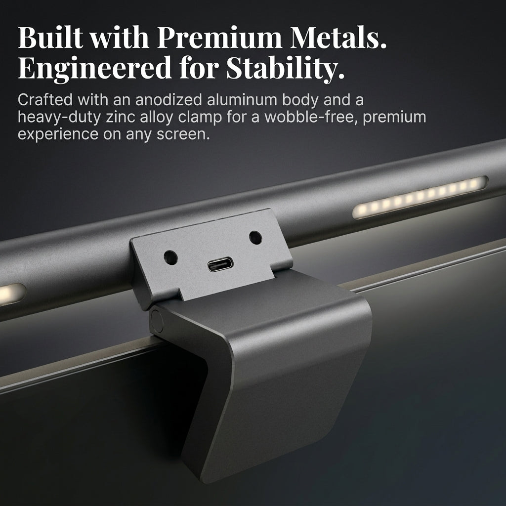 Close-up shot of an anodized aluminum monitor light bar clamp and metal body.