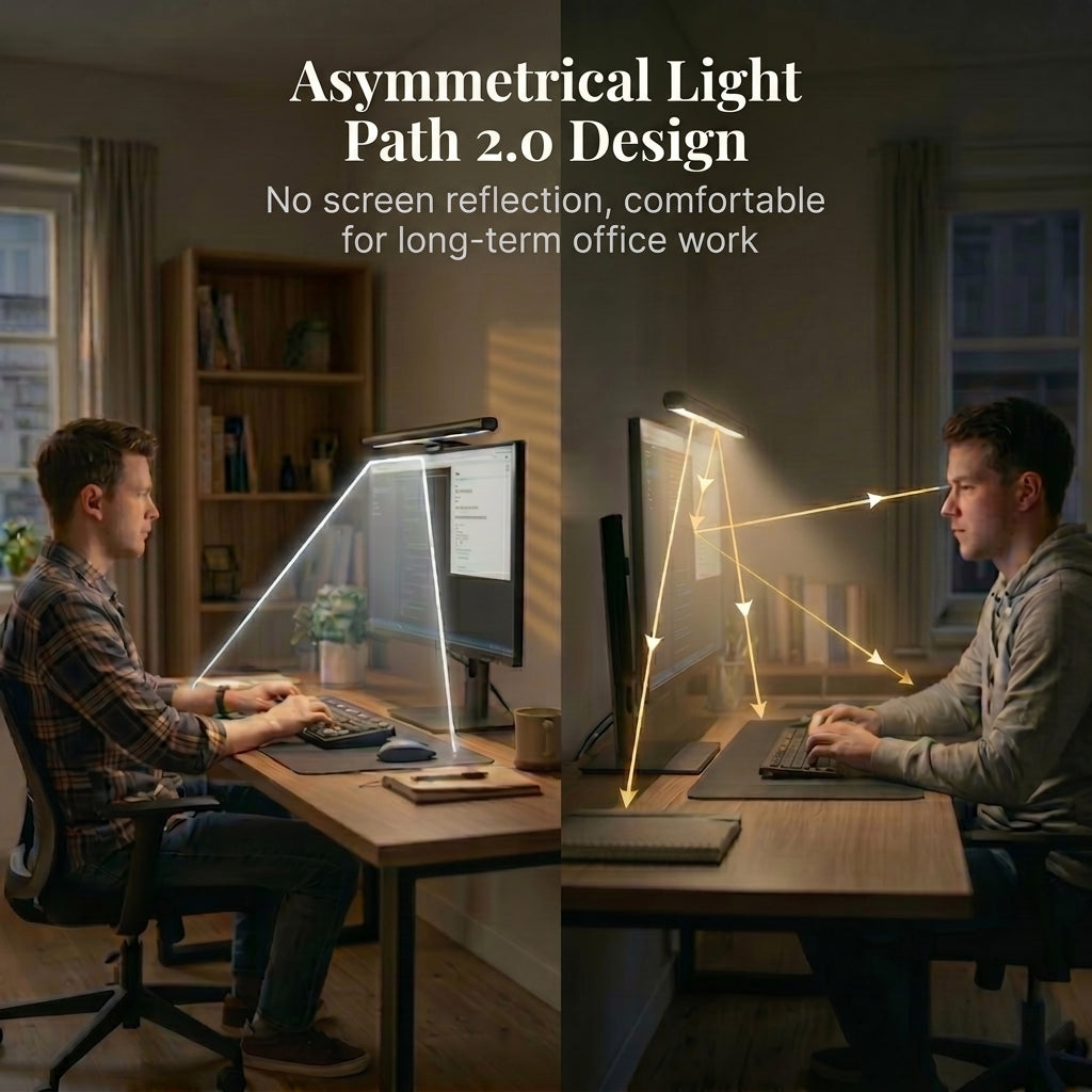 Asymmetrical monitor light bar illuminating an office desk setup at night without screen glare.