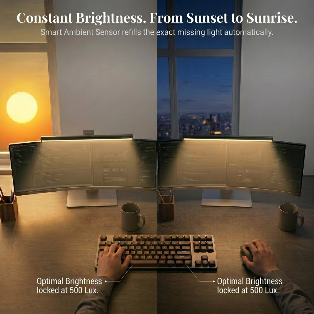 A split-screen comparison showing a dual-monitor setup during sunset and night, highlighting the monitor light bar’s smart ambient sensor automatically adjusting to maintain an optimal constant brightness of 500 Lux.