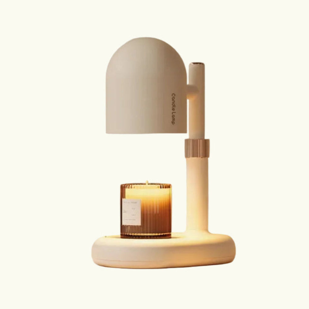 Minimalist white candle warmer lamp with timer controller and two 50W GU10 halogen bulbs.