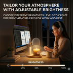 Woman working at a desk with adjustable brightness control displayed.