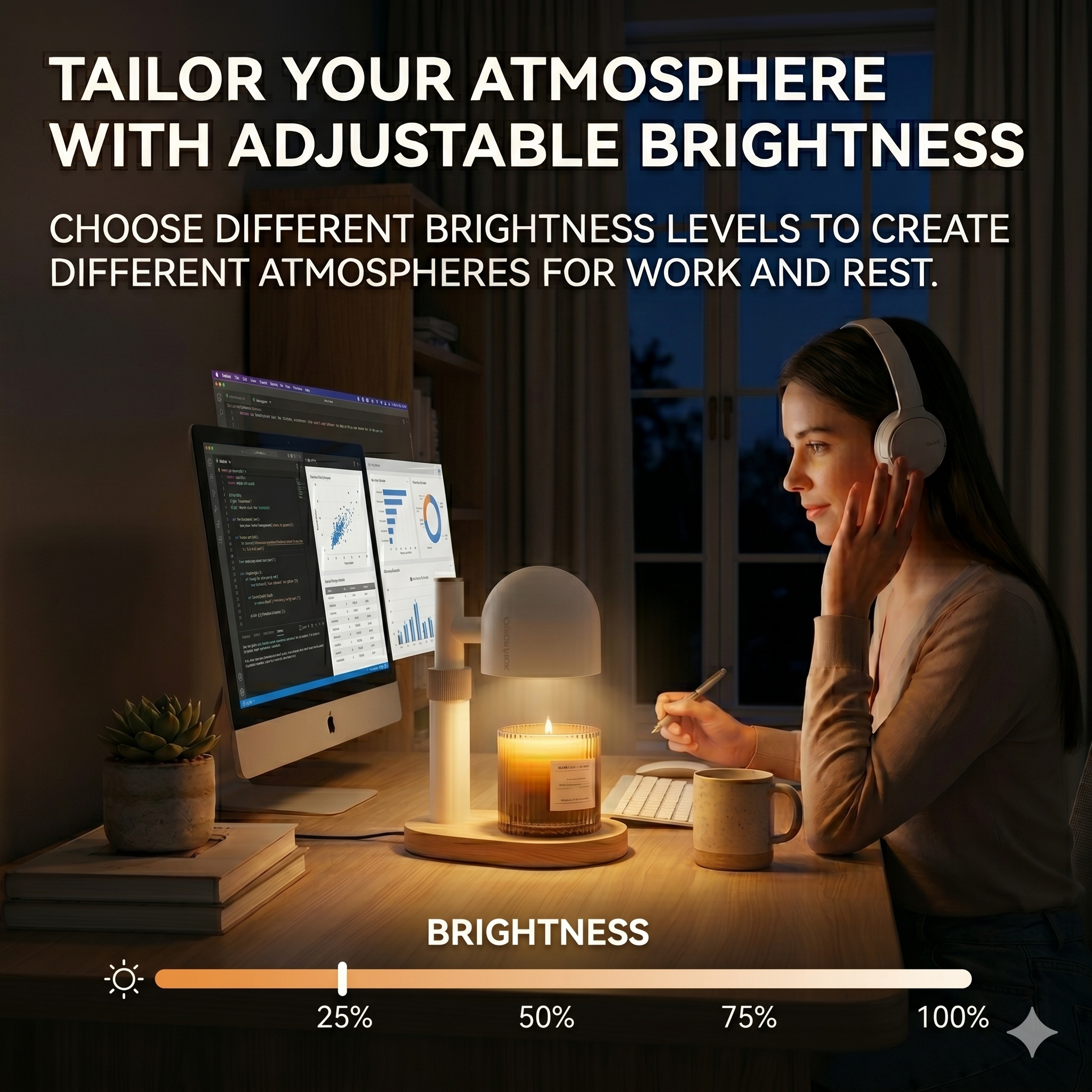 Woman working at a desk with adjustable brightness control displayed.