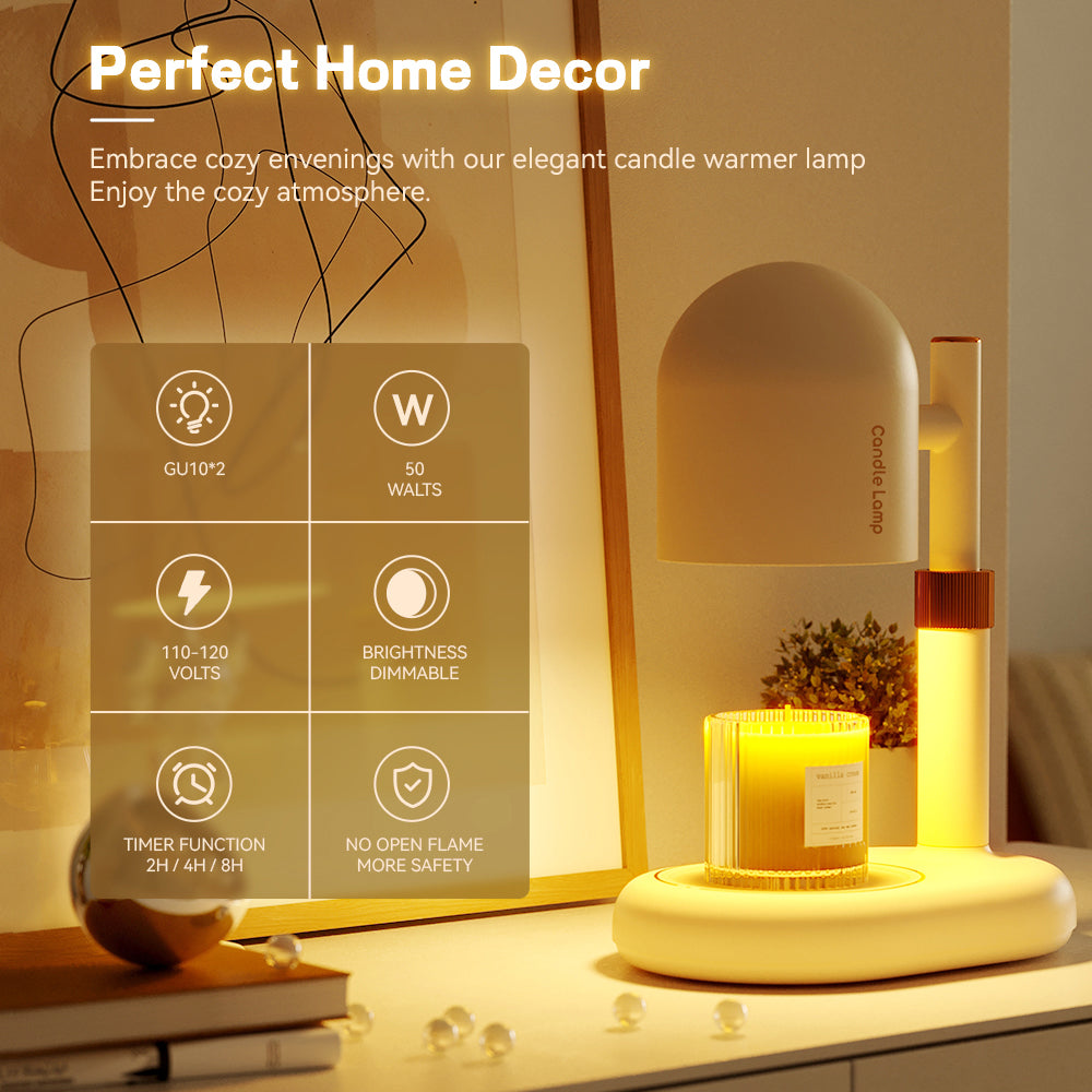 Candle warmer lamp on a table with product details overlay