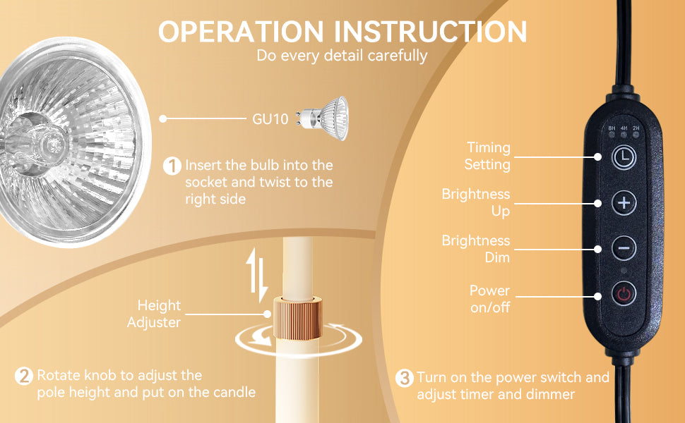 Operation instructions for a light bulb and control device on a beige background