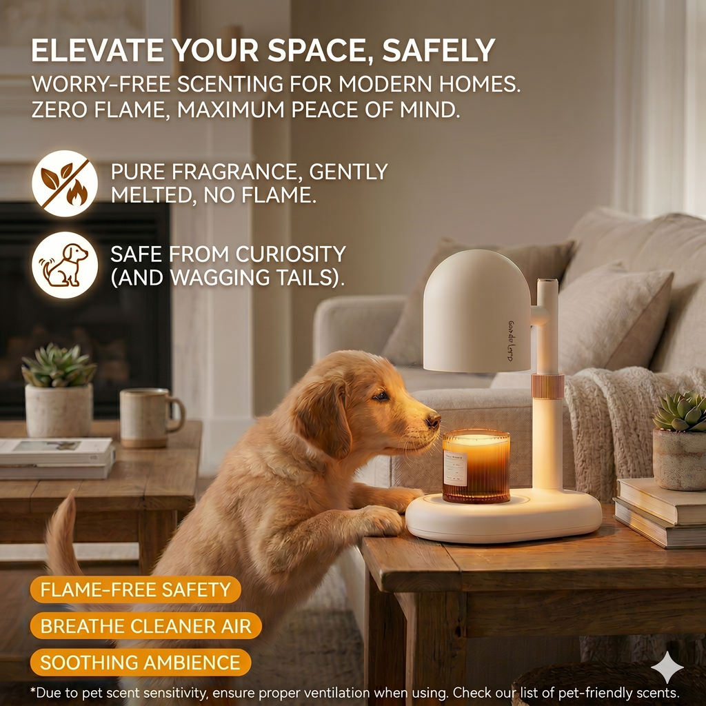 Dog looking at a flameless candle on a table in a living room 