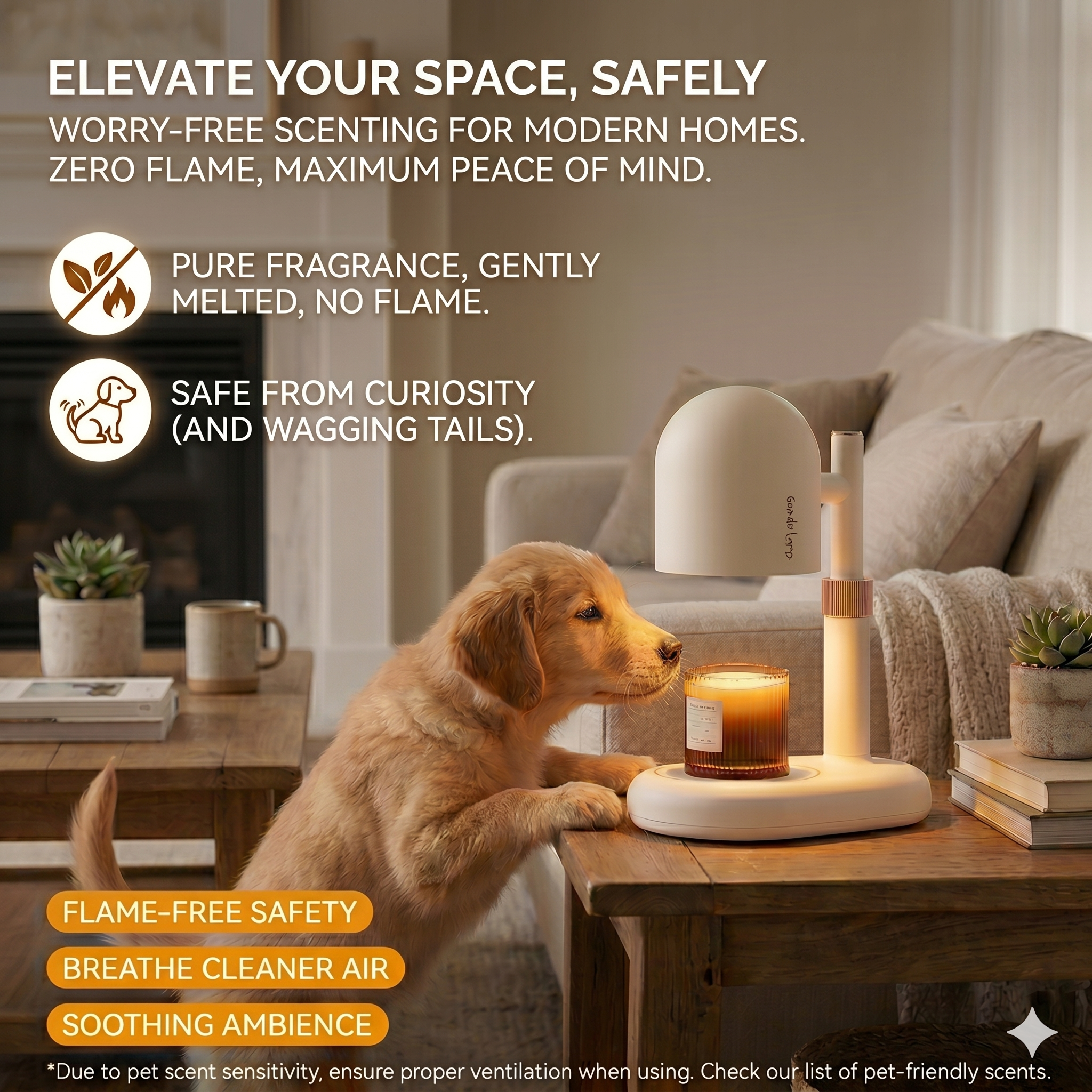 Dog looking at a flameless candle on a table in a living room 
