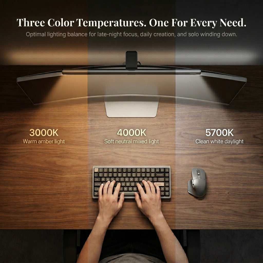 Adjustable color temperature monitor light bar transitioning from warm white to cool white light.
