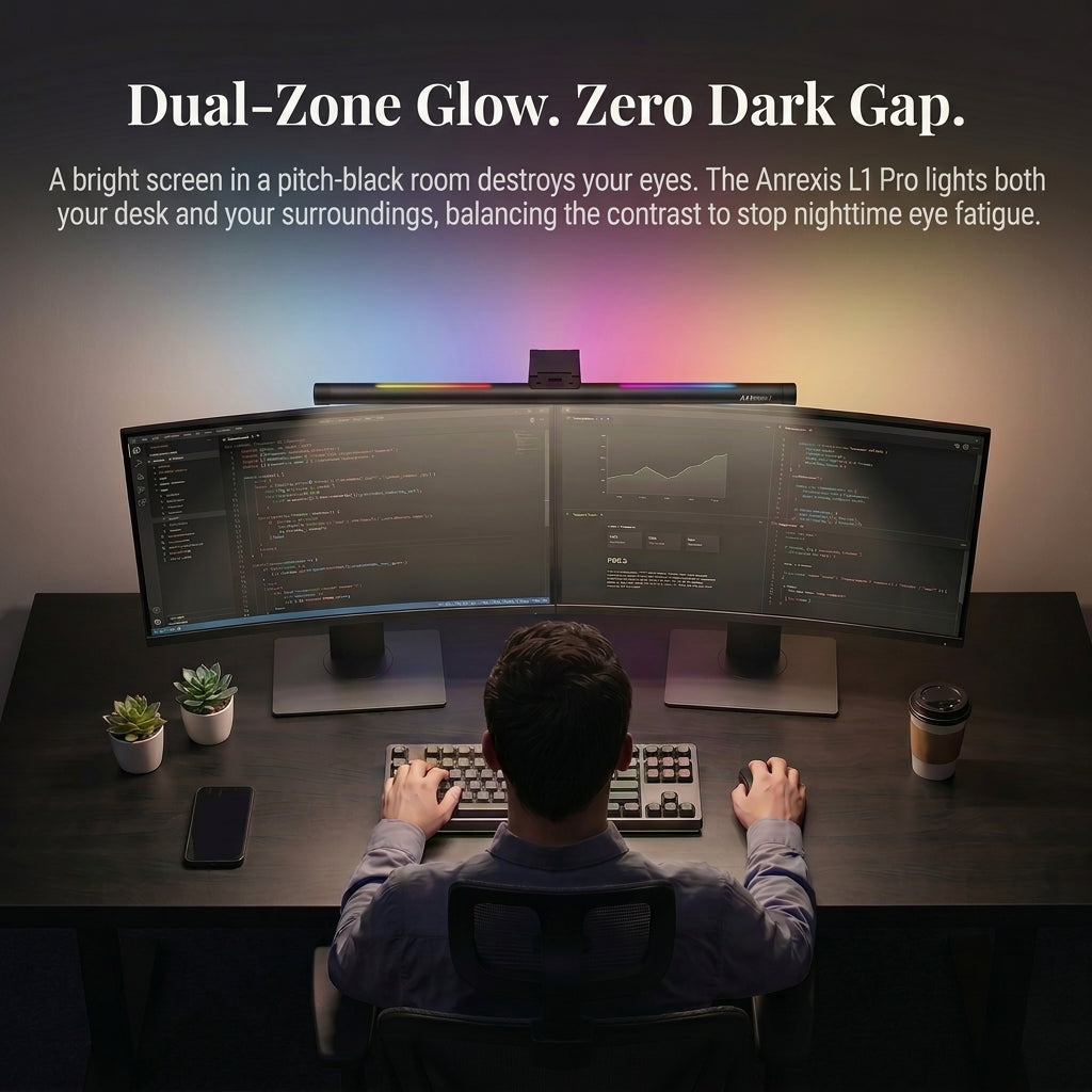 Dual-source monitor light bar featuring front task lighting and RGB ambient backlighting.