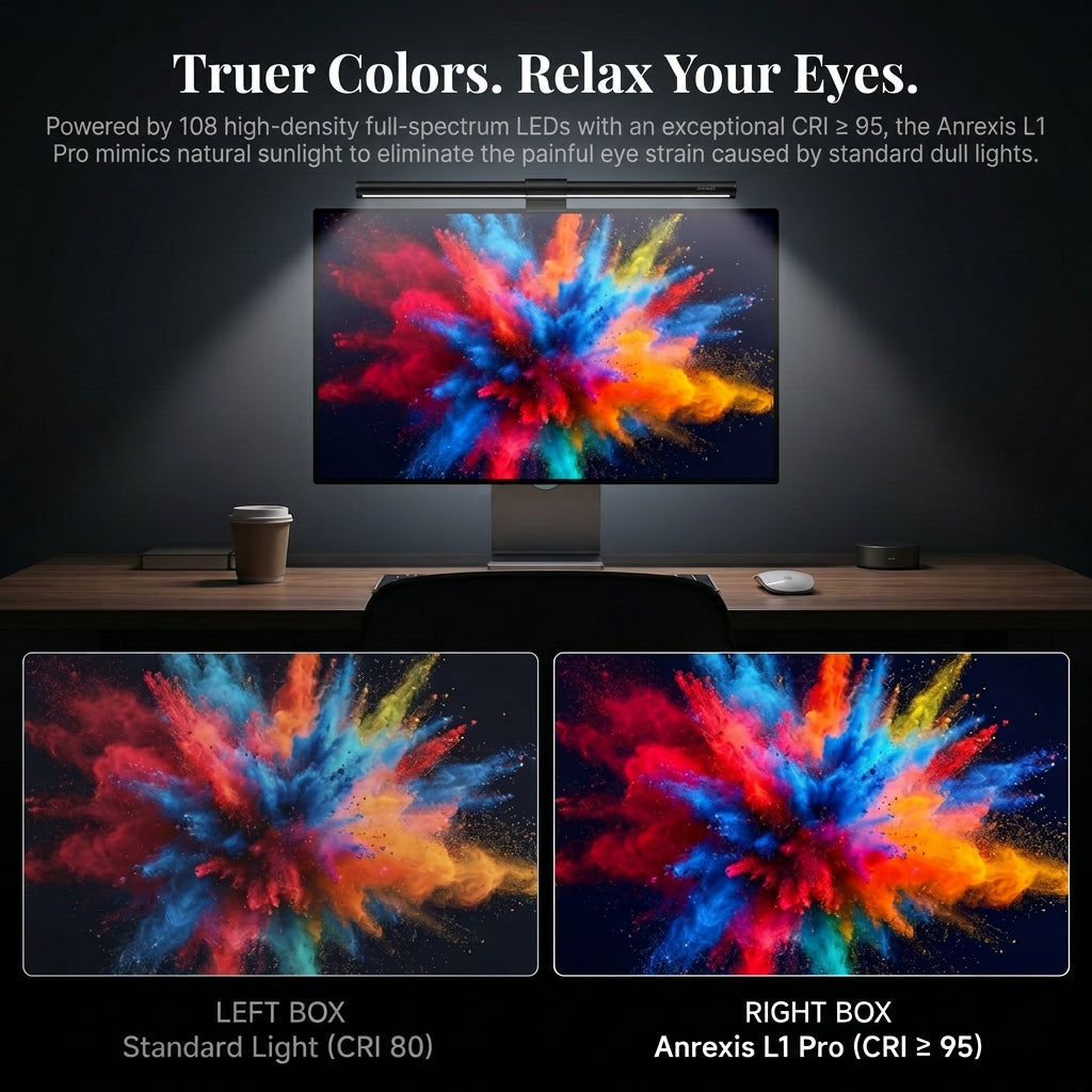 A display comparison of a monitor light bar with 108 high-density full-spectrum LEDs and CRI ≥ 95 on the right, showing much richer and more natural colors to relax eyes compared to standard CRI 80 lighting on the left.