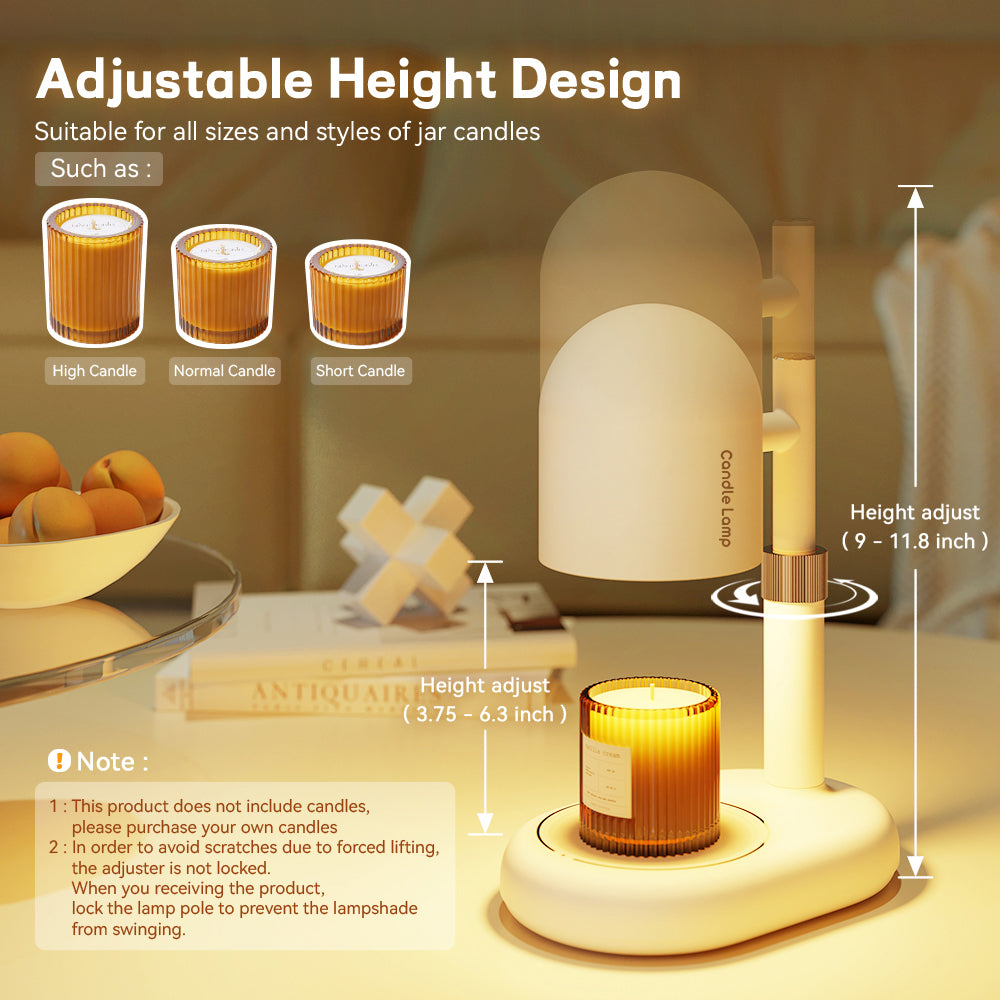 Candle lamp with adjustable height design on a table with candles of different heights.
