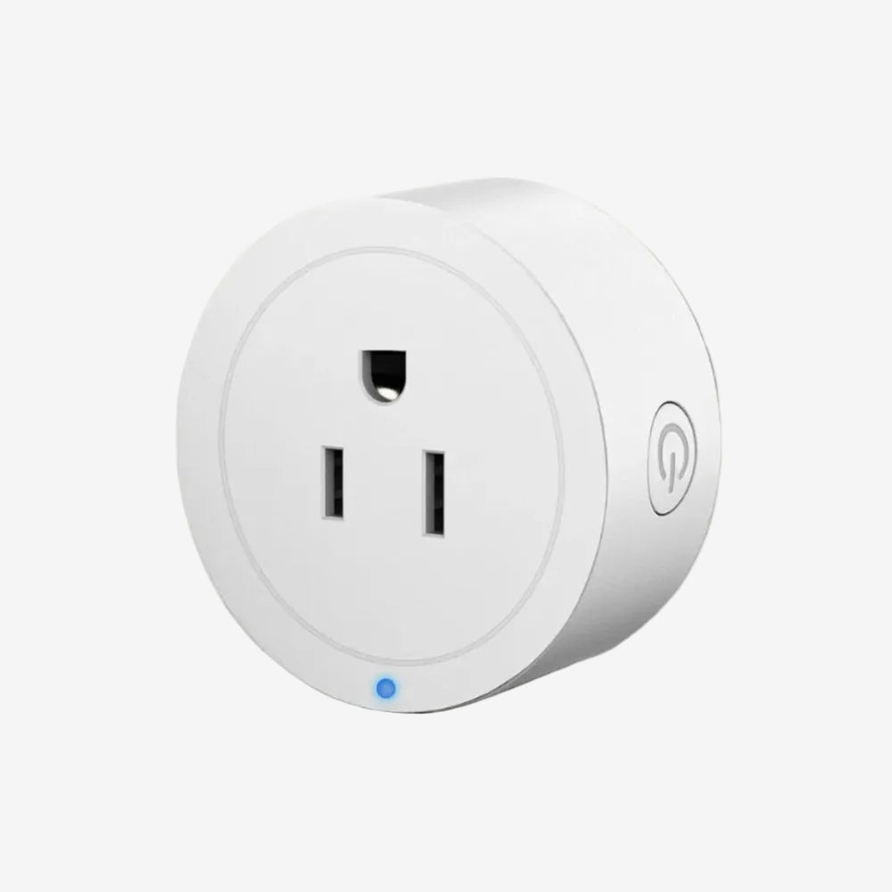 Compact white mini WiFi smart plug front view with power button and LED indicator
