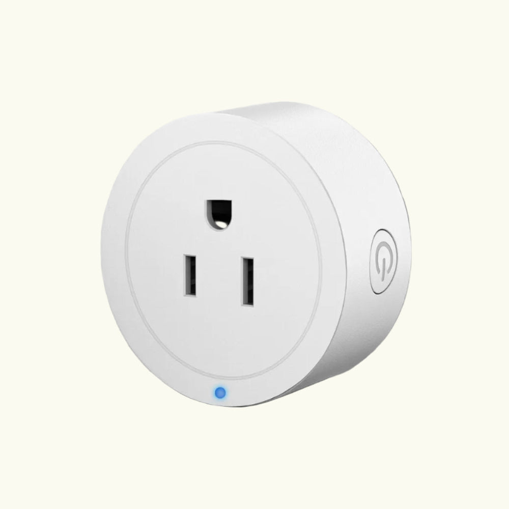 Compact white mini WiFi smart plug front view with power button and LED indicator