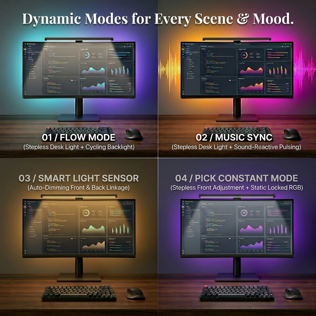 A quad-split image showcasing different lighting modes of a monitor light bar, including flow mode, music sync with sound-reactive backlights, smart light sensing, and customizable RGB options for desktop setups.