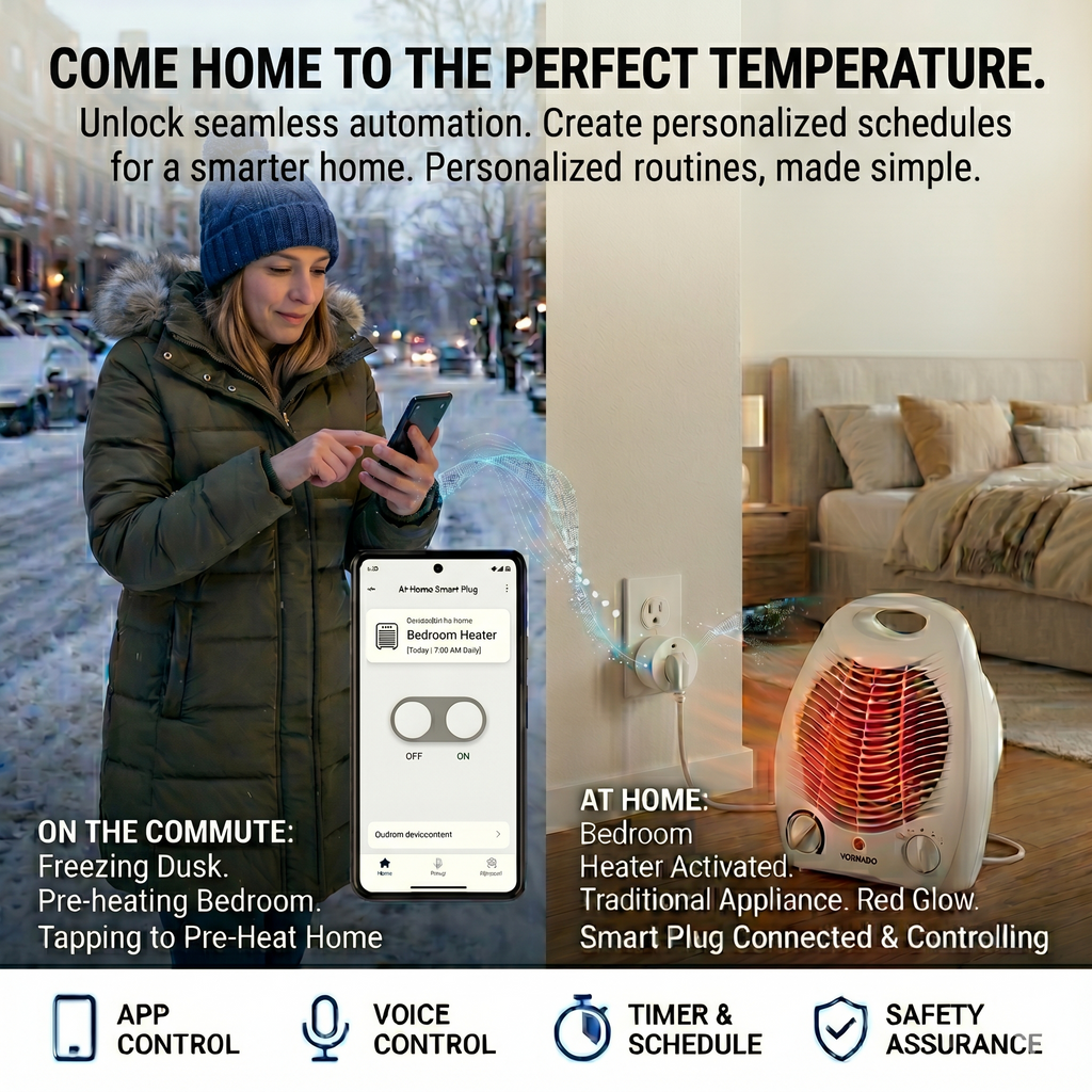Woman remotely turning on bedroom space heater via smart plug app during winter commute