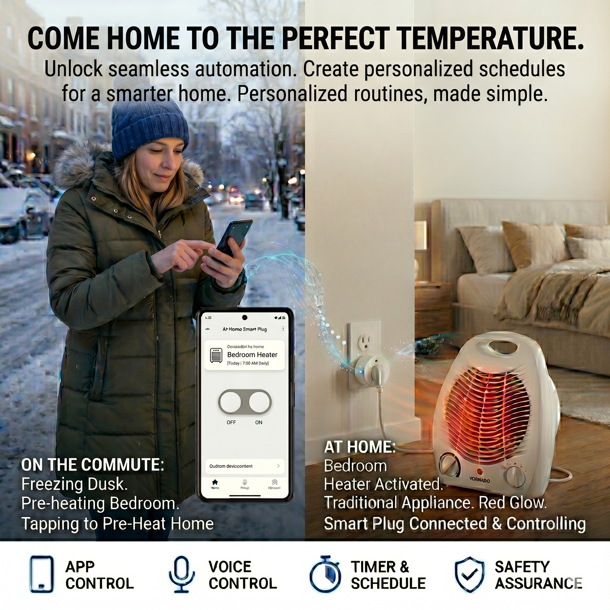 Woman remotely turning on bedroom space heater via smart plug app during winter commute