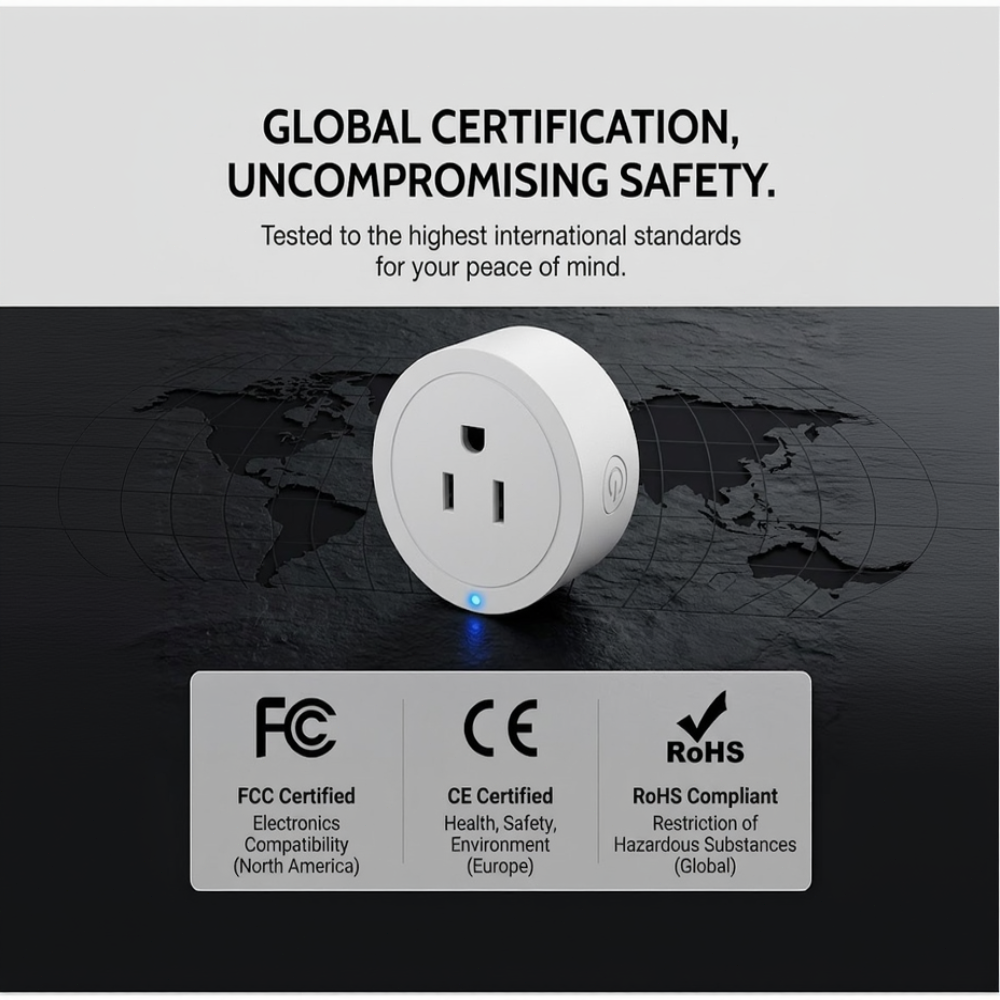 Smart plug global certifications including FCC, CE, and RoHS for uncompromising safety