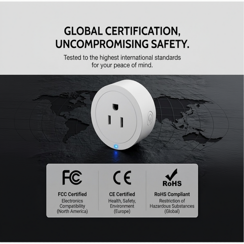 Smart plug global certifications including FCC, CE, and RoHS for uncompromising safety