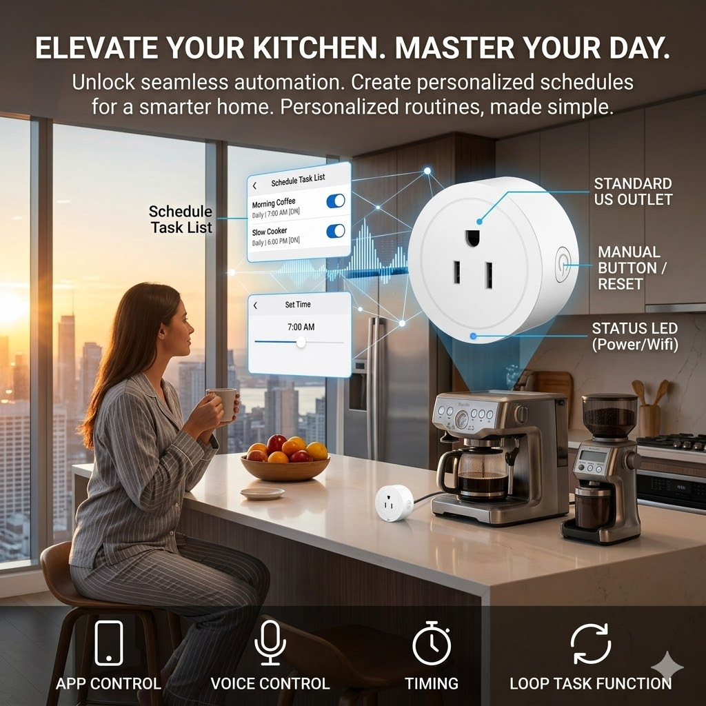 Setting morning coffee maker schedule using smart plug app loop task function in kitchen