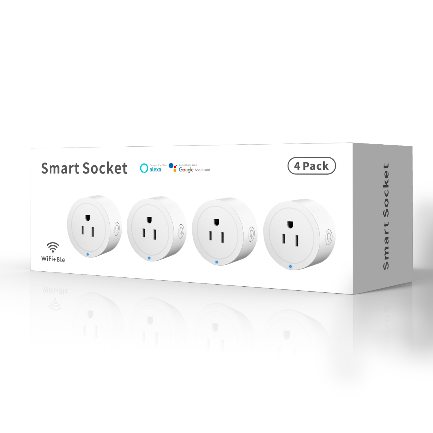 Smart socket 4-pack retail packaging box showing Alexa and Google Assistant compatibility