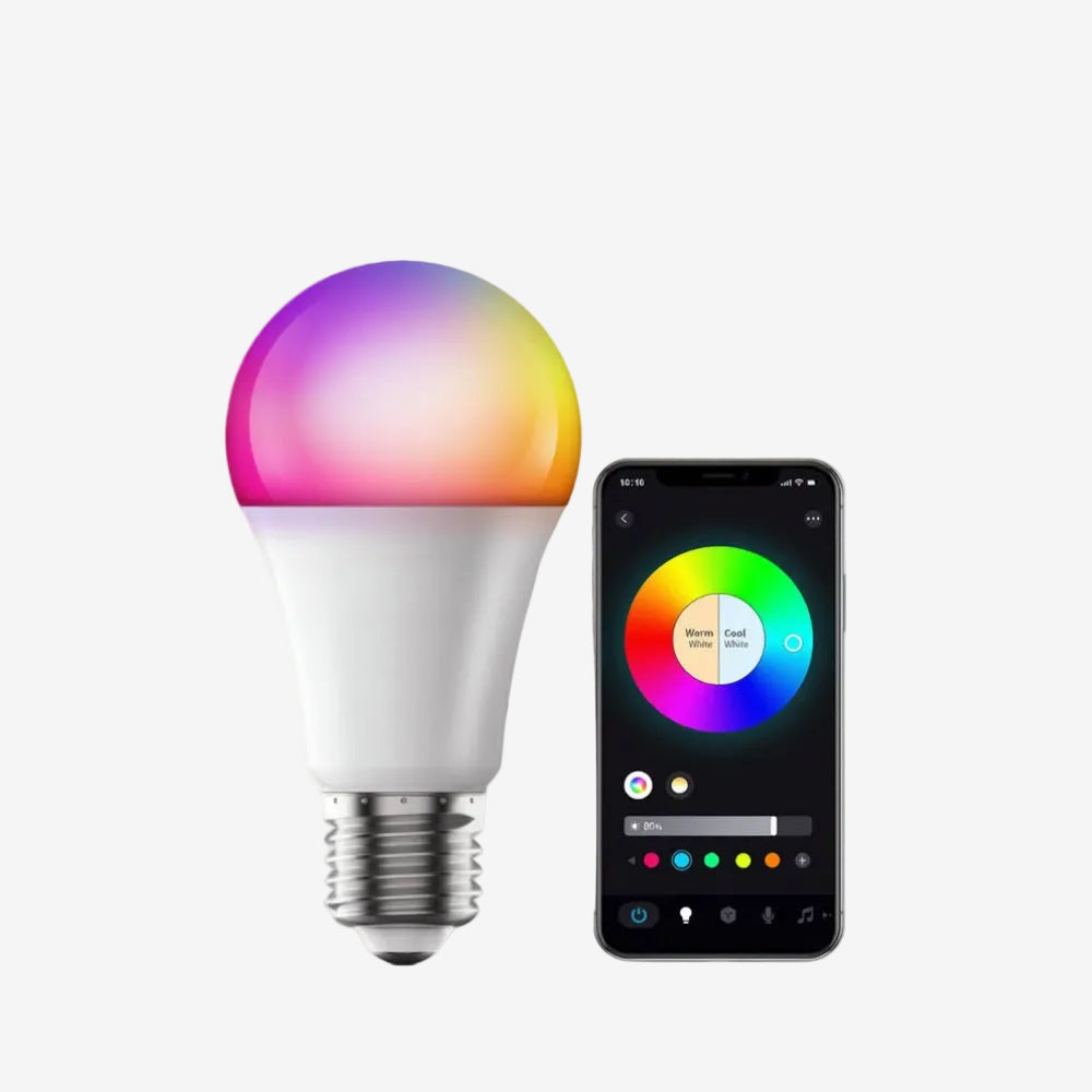 Smart LED bulb with packaging, bulb, and smartphone app on a white background