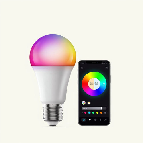Smart LED bulb with packaging, bulb, and smartphone app on a white background