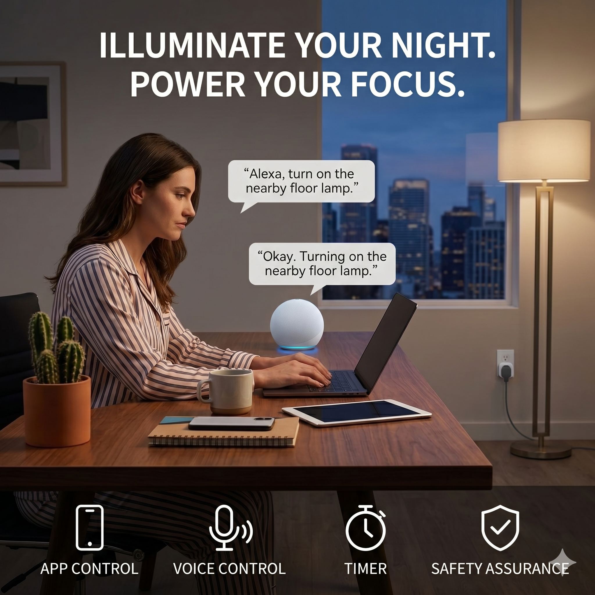 Woman using a smart device to control a floor lamp in a home office setting.