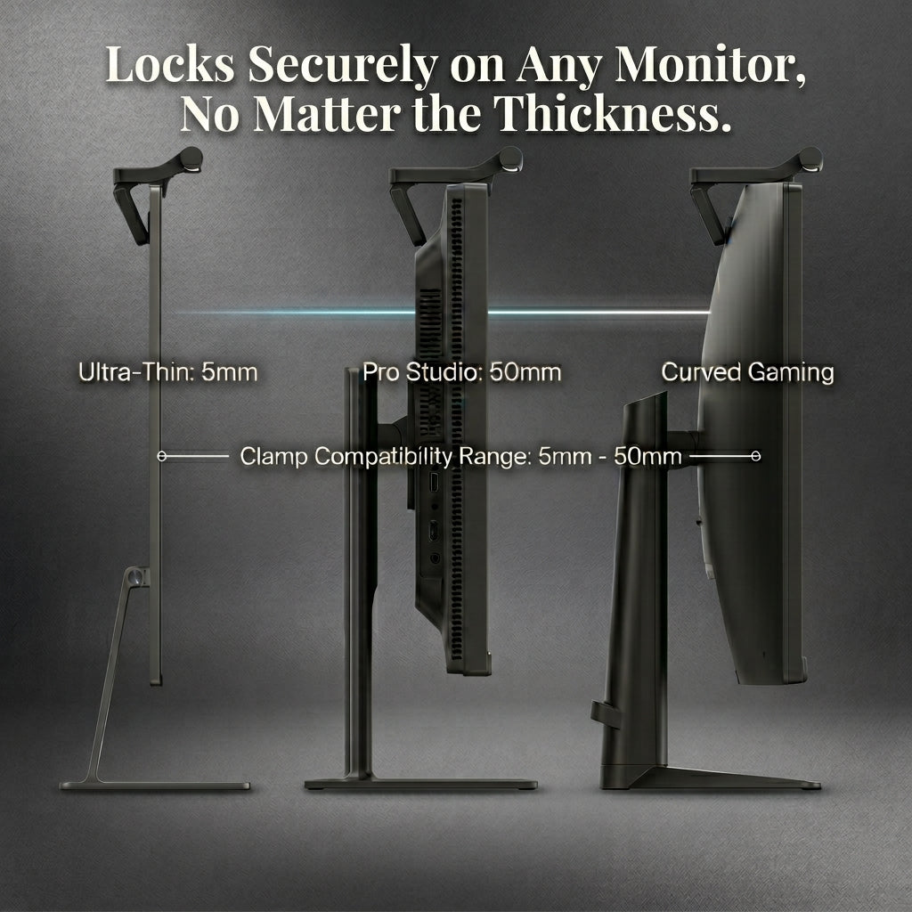 A side profile demonstrating monitor light bar clamp compatibility on ultra-thin, studio, and curved gaming monitors from 5mm to 50mm.