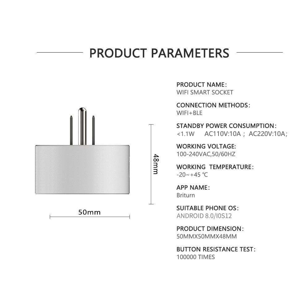 Detailed product parameters and dimensions for 10A WiFi Bluetooth smart socket